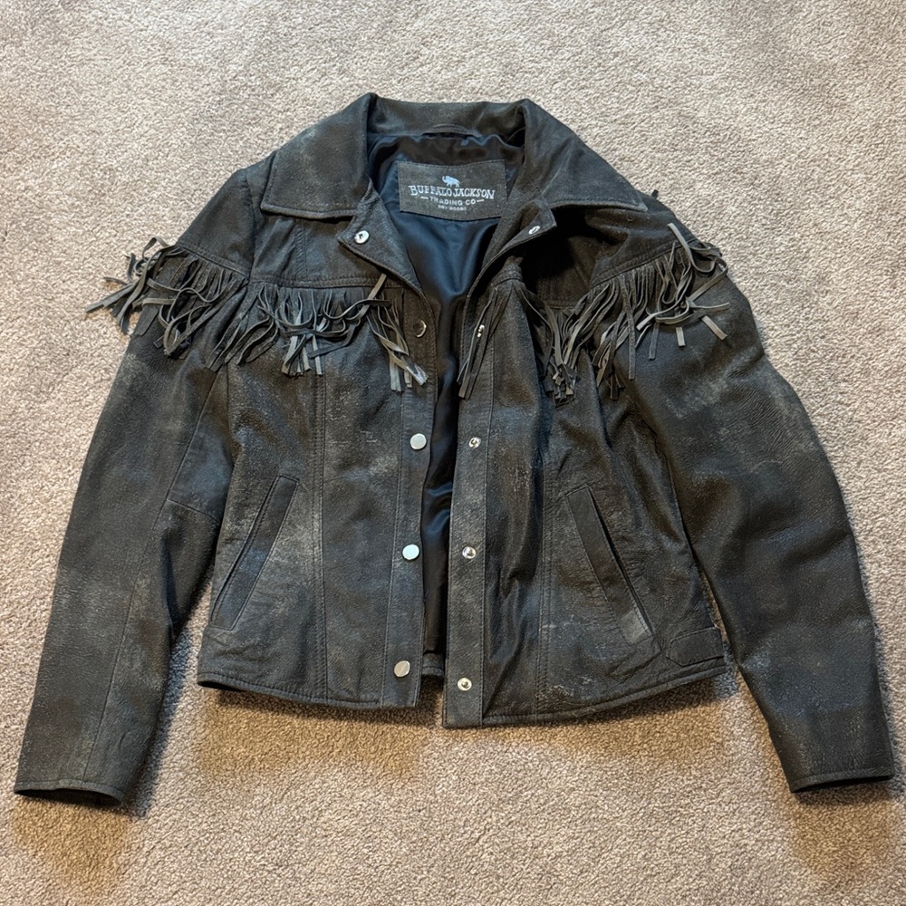 Distressed Black Leather Fringe Jacket